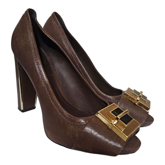 TORY BURCH Brown Leather Heels - Size 8 1/2 - Picture 1 of 10